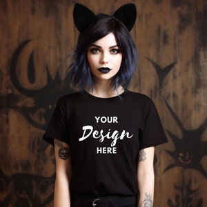 Maqueta de camiseta negra de Halloween, maqueta de Bella Canvas 3001, camisa negra de Bella Canvas, maqueta de modelo, maqueta de camiseta de mujer, descarga digital