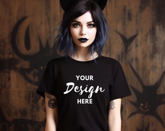 Halloween Black T-shirt Mockup, Bella Canvas 3001 Mockup, Bella Canvas  Black Shirt, Model Mockup, Woman Tee Mock, Digital Download