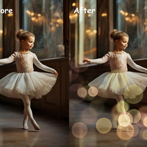 May include: A young ballerina in a white tutu and pink leotard dances in a room with a large window. The background is blurred and has a warm, golden glow.