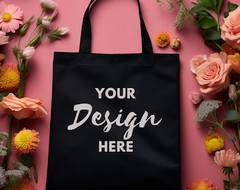 Black Tote Bag Mockup, Plain Canvas Tote Bag, Mock Up Tote, Simple Tote Bag Product, Canvas Tote Mockup, Canvas Shopping Bag Mockup Flowers.