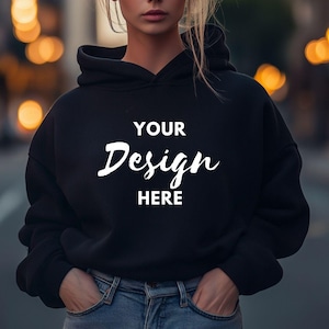 Gildan 18500 Black Hoodie Mockup | G185 Hooded Sweatshirt Mockup | Model Mock | Gildan 18500 Hoodie | Oversized Simple Black Hoodie Mock-up