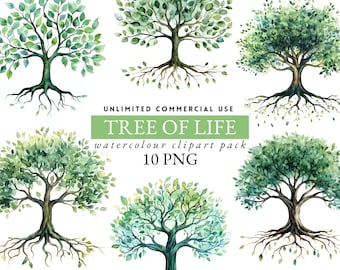 Può includere: Pacchetto di clipart ad acquerello con diverse illustrazioni dell'Albero della Vita. Ogni albero ha un tronco dettagliato, radici e un rigoglioso fogliame verde. Il testo include "TREE OF LIFE" e "10 PNG".