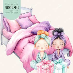 Peut inclure: Deux filles aux cheveux longs sont assises sur un lit rose avec une t&ecirc;te de lit blanche. Elles portent des pyjamas et tiennent des cadeaux emball&eacute;s. La fille &agrave; gauche a les cheveux orange et porte un pyjama bleu clair et vert. La fille &agrave; droite a les cheveux fonc&eacute;s et porte un pyjama violet. Le lit est recouvert d'une couverture rose et blanche &agrave; motifs.