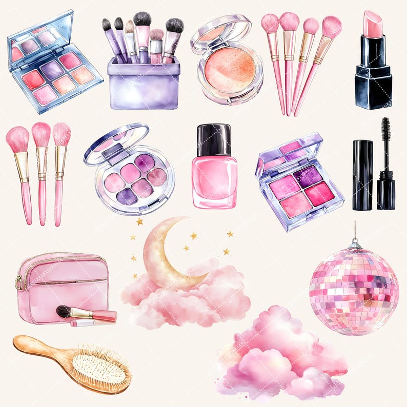 Peut inclure: Un ensemble d'illustrations &agrave; l'aquarelle de produits de maquillage et de beaut&eacute;, comprenant des palettes d'ombres &agrave; paupi&egrave;res, du vernis &agrave; ongles, du rouge &agrave; l&egrave;vres, du mascara, des pinceaux et un ballon disco. Les illustrations sont dans des tons de rose, de violet et d'or.