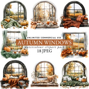 May include: Watercolor clipart pack featuring autumn windows with pumpkins, blankets, and fall foliage. The image includes text that reads "AUTUMN WINDOWS" and "18 JPEG". The windows are arched and showcase cozy fall scenes.