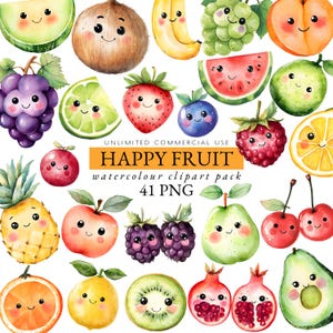 Watercolor Kawaii fruit clipart, cute fruit clipart, tutti fruity clipart, happy fruit clipart, strawberry clipart, summer fruit clipart,008