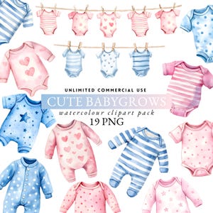 May include: A collection of watercolour baby grows in pink and blue. The baby clothes feature patterns like stripes, hearts, and stars. Some are hanging on a clothesline. The text "CUTE BABYGROWS" is visible. The clipart pack includes 19 PNG files.