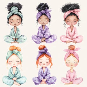 Peut inclure: Six illustrations de filles aux cheveux et aux bandeaux de couleurs diff&eacute;rentes, portant des pyjamas et assises en position de yoga les yeux ferm&eacute;s.