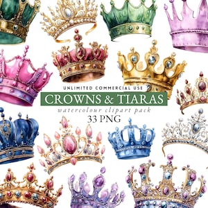 Könnte beinhalten: Aquarell-Clipart-Paket mit verschiedenen Kronen und Diademen in Gold-, Rosa-, Blau- und Grüntönen. Die Kronen sind mit Juwelen und Perlen verziert. Der Text auf dem Bild lautet "CROWNS & TIARAS" und "33 PNG".