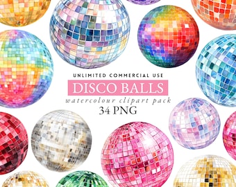 May include: A set of 34 watercolor illustrations of disco balls in various colors, including gold, silver, pink, blue, green, and rainbow. The illustrations are perfect for adding a touch of fun and sparkle to any project.