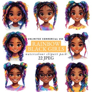 Peut inclure: Une collection numérique de 22 illustrations à l'aquarelle représentant de jeunes filles noires aux cheveux arc-en-ciel vibrants dans divers styles tressés et bouclés. Le texte indique UNLIMITED COMMERCIAL USE RAINBOW BLACK GIRLS watercolour clipart pack 22 JPEG.
