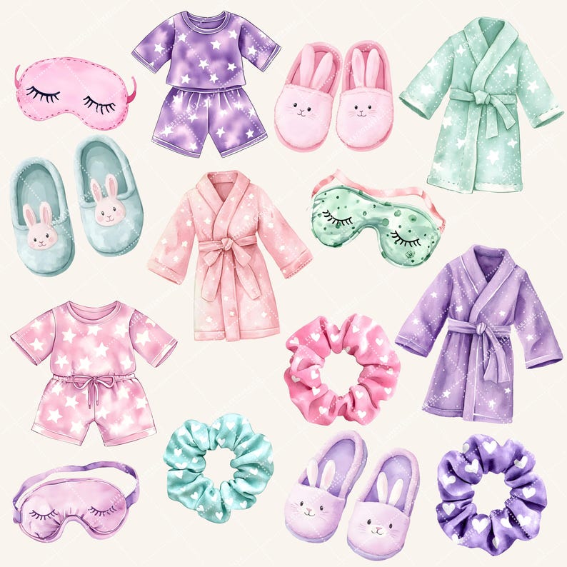 Peut inclure: Un ensemble de 10 illustrations aquarelle de pyjamas, robes de chambre, pantoufles et chouchous. Les illustrations sont dans des tons de rose, violet, vert et bleu. Les illustrations sont parfaites pour cr&eacute;er des produits num&eacute;riques ou imprim&eacute;s.