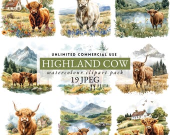 May include: A collection of watercolor clipart featuring Highland cows in various scenic landscapes. The images showcase the cows in fields, near lakes, and in front of mountains. The text "HIGHLAND COW watercolour clipart pack 19 JPEG" is included.