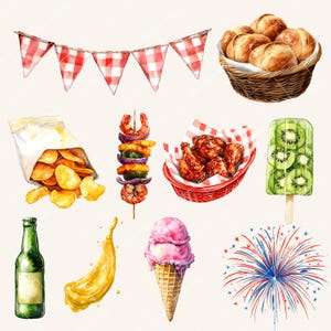 May include: Watercolor illustration of picnic food items. Includes a bag of chips, a skewer of grilled shrimp and vegetables, fried chicken in a basket, a kiwi popsicle, a bottle of beer, a banana splash, an ice cream cone, a basket of rolls, and a fireworks display.