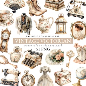 Puede incluir: Una colección de imágenes prediseñadas de acuarela victoriana vintage, que incluye una taza de té, botas, una tetera, una linterna, una máquina de escribir, un vestido y un reloj de bolsillo. El texto dice "VINTAGE VICTORIAN watercolour clipart pack 51 PNG".
