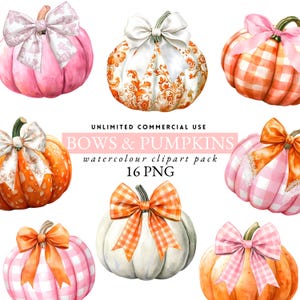 pink bow and pumpkins clipart, watercolour toile pumpkins, fall gingham pumpkins, coquette pumpkins, white fall pumpkins, coquette bows, 038