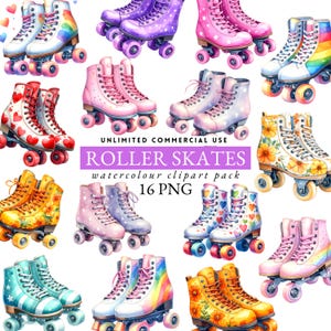 May include: A collection of watercolor roller skates in various colors and patterns, including rainbow, floral, and heart designs. The image includes text that reads "ROLLER SKATES watercolour clipart pack 16 PNG".