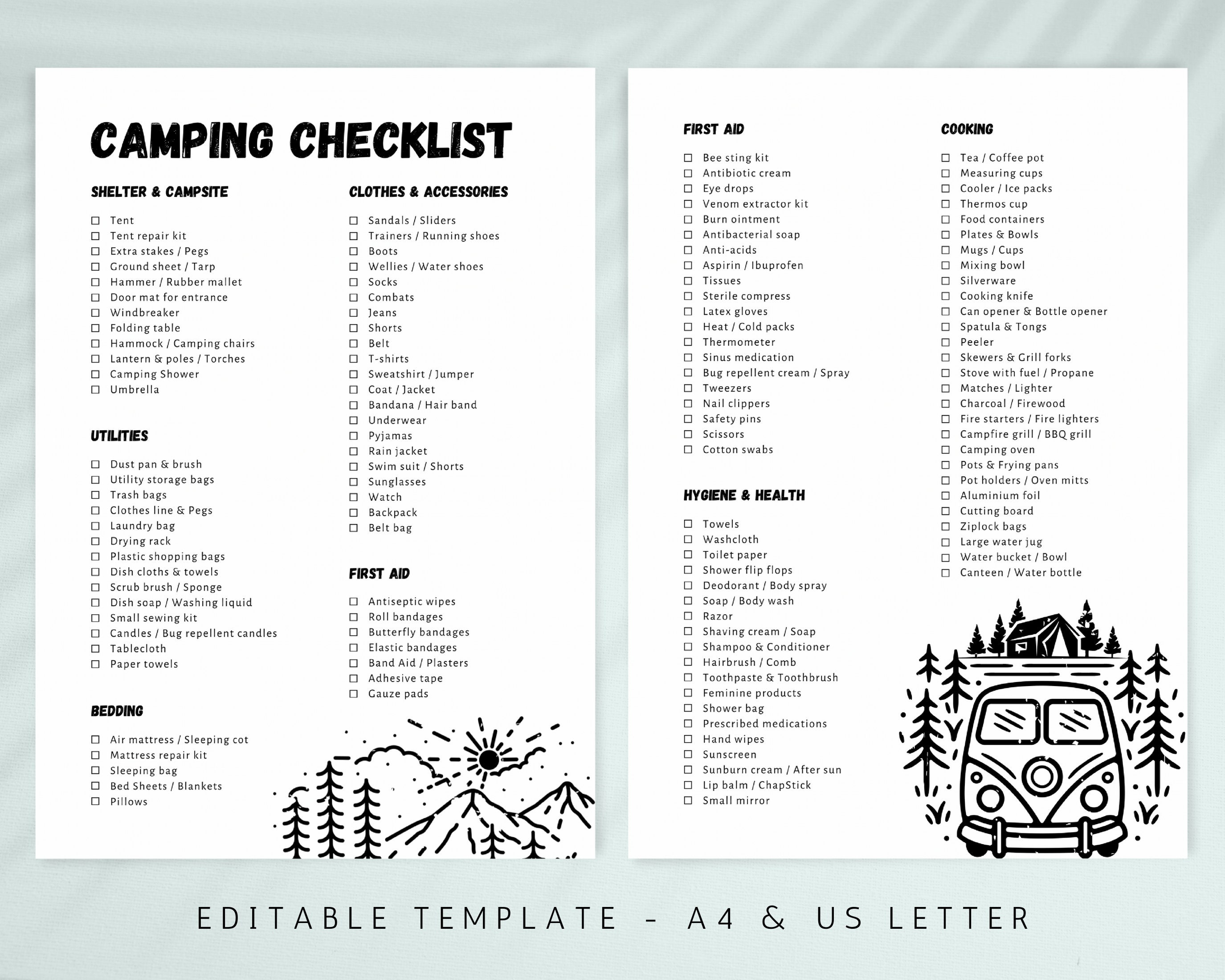 Printable Camping Checklist, Editable Travel Checklist, Camping Trip