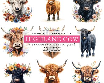 May include: Watercolor clipart pack featuring Highland cows in various colors, adorned with floral arrangements. The image includes text that reads "UNLIMITED COMMERCIAL USE" and "HIGHLAND COW watercolor clipart pack 23 JPEG".