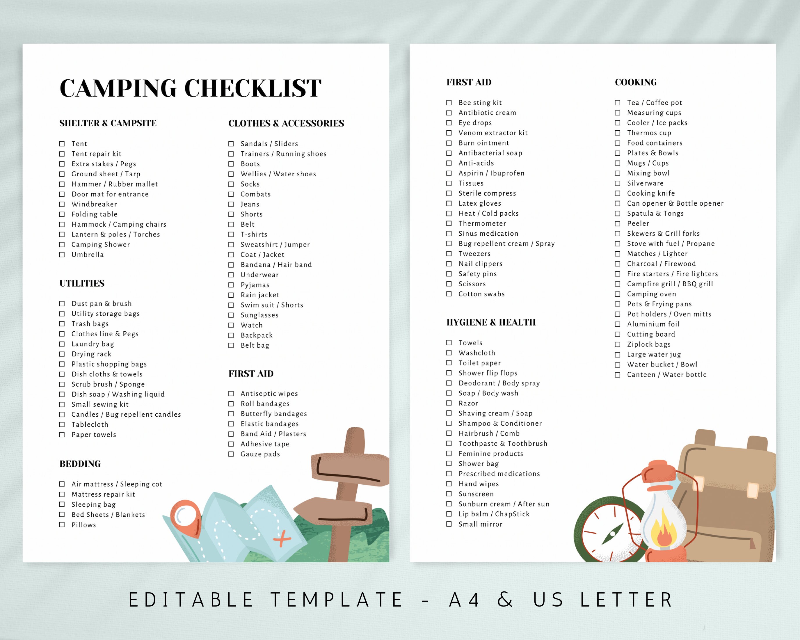 Printable Camping Checklist, Editable Travel Checklist, Camping Trip