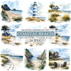 May include: A watercolour clipart pack showcasing coastal beach scenes. The images include a lighthouse, beach houses, sandy shores, and ocean views. The text reads "Coastal Beach watercolour clipart pack 20 JPEG" and "Unlimited Commercial Use".