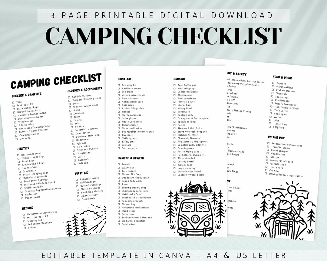 Printable Camping Checklist, Editable Travel Checklist, Camping Trip