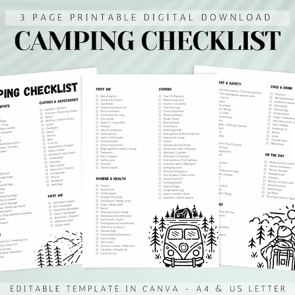 Printable Camping Checklist, Editable Travel Checklist, Camping Trip packing list, RV camp checklist, Scouts Trip Checklist, To do List, 003