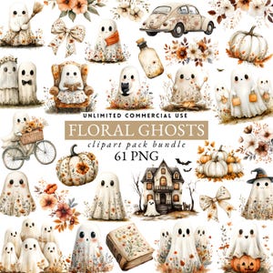 May include: A collection of watercolor illustrations featuring floral ghosts, pumpkins, a vintage car, and a haunted house. The text reads "FLORAL GHOSTS clipart pack bundle 61 PNG" with the words "UNLIMITED COMMERCIAL USE" above.