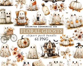 vintage herfstgeesten, bloemen Halloween-spook png, herfstboho-spook, wilde bloemen png, schattig spook, aquarel halloween, bloemenpompoen, 042