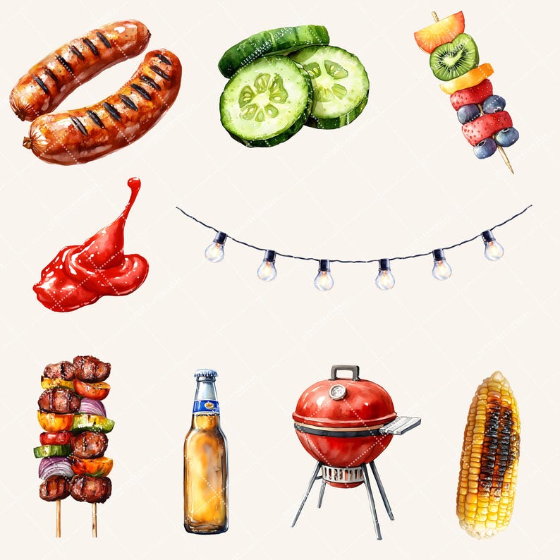 May include: Watercolor illustration of barbecue elements. Includes grilled sausages, cucumber slices, a fruit skewer, ketchup, string lights, a meat skewer, a beer bottle, a red grill, and grilled corn on the cob.