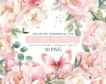 May include: A watercolor clipart pack featuring blush peonies and a butterfly. The image includes text that reads "UNLIMITED COMMERCIAL USE", "BLUSH PEONIES", "watercolour clipart pack", and "30 PNG". The flowers are pink and white.