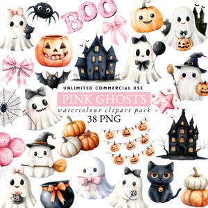 cute pink fall ghosts, floral Halloween ghost png, pink Halloween ghost, spooky house, watercolour halloween, bows halloween pumpkin, 043