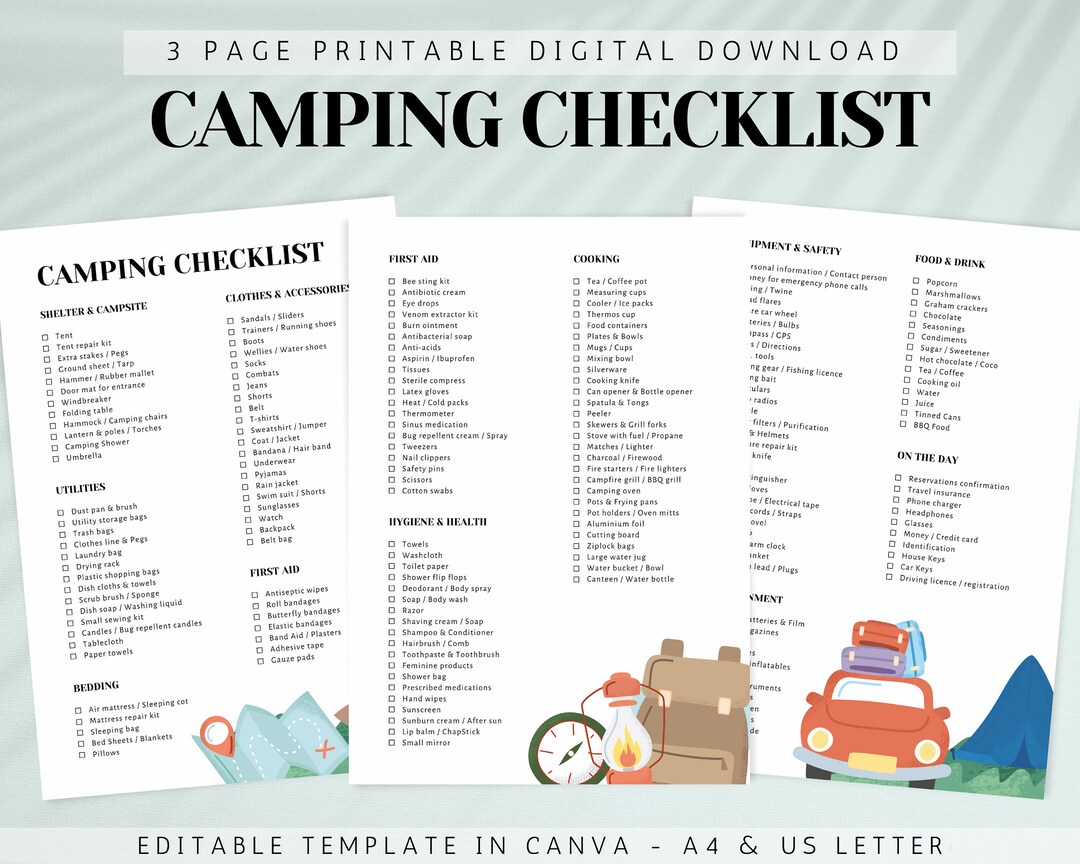 Printable Camping Checklist, Editable Travel Checklist, Camping Trip