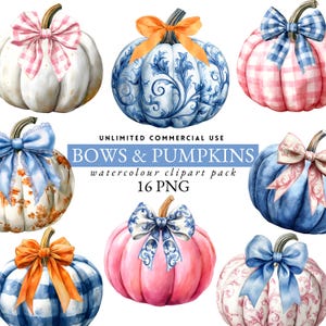 pink bow and pumpkins clipart, watercolour toile pumpkin, fall gingham pumpkins, coquette pumpkins, blue fall pumpkins, coquette bows, 040