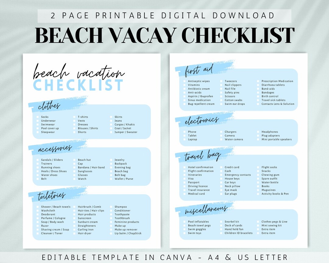 Printable Beach Vacation Checklist Editable Travel Checklist - Etsy