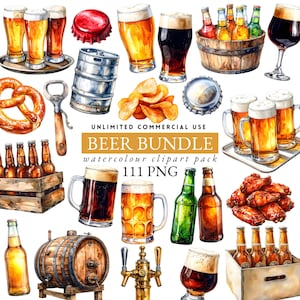 May include: Watercolor illustration of a beer bundle with various beer glasses, bottles, and a barrel. Includes pretzels, chips, and chicken wings. The text reads "BEER BUNDLE watercolour clipart pack 111 PNG".