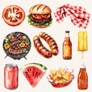 May include: Watercolor illustration of a summer barbecue scene. Includes a hamburger, grilled sausages, a grill with vegetables and meat, a red checkered napkin, a bottle of beer, a popsicle, a can, watermelon, chips, and a bottle of sauce.