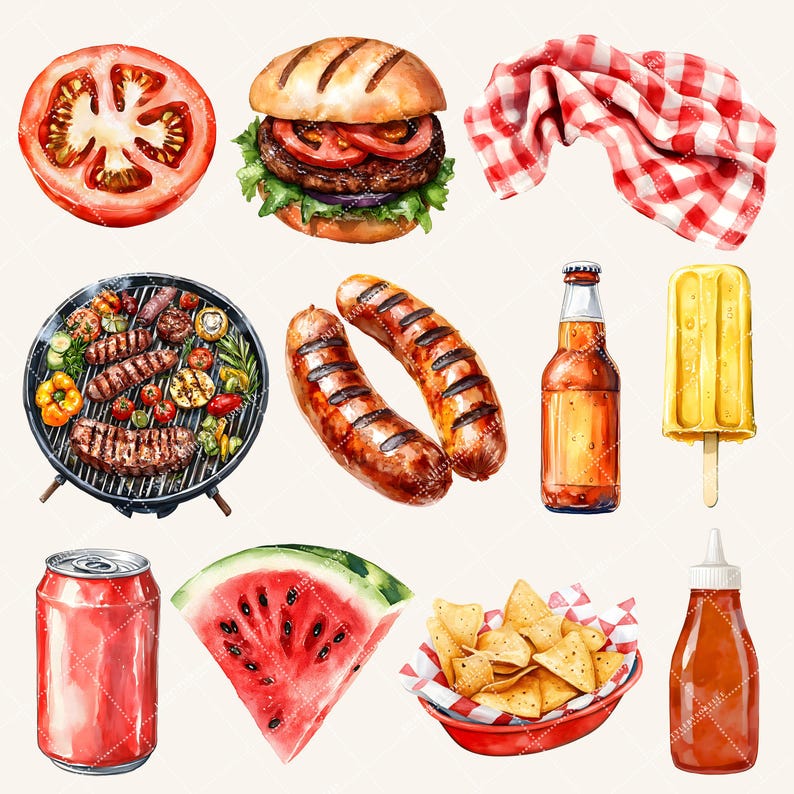May include: Watercolor illustration of a summer barbecue scene. Includes a hamburger, grilled sausages, a grill with vegetables and meat, a red checkered napkin, a bottle of beer, a popsicle, a can, watermelon, chips, and a bottle of sauce.
