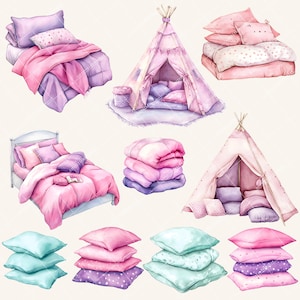 Peut inclure: Un ensemble d'illustrations &agrave; l'aquarelle repr&eacute;sentant divers articles de literie roses et violets, notamment des oreillers, des couvertures et un cadre de lit. Il y a aussi deux tipis avec des int&eacute;rieurs roses et violets. Les illustrations sont parfaites pour les projets d'artisanat, le scrapbooking ou la conception num&eacute;rique.