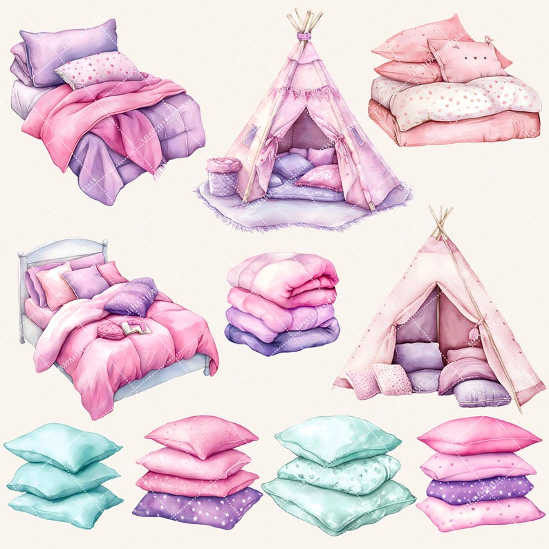 Peut inclure: Un ensemble d'illustrations &agrave; l'aquarelle repr&eacute;sentant divers articles de literie roses et violets, notamment des oreillers, des couvertures et un cadre de lit. Il y a aussi deux tipis avec des int&eacute;rieurs roses et violets. Les illustrations sont parfaites pour les projets d'artisanat, le scrapbooking ou la conception num&eacute;rique.