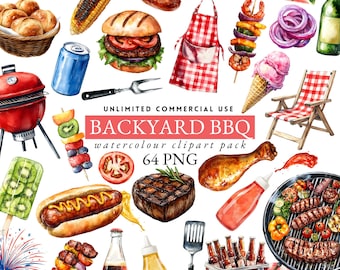 1atercolor bbq clipart, backyard clipart, hotdogs and burgers clipart, game day png, bbq cookout clipart, grill clipart, summer clipart, 037