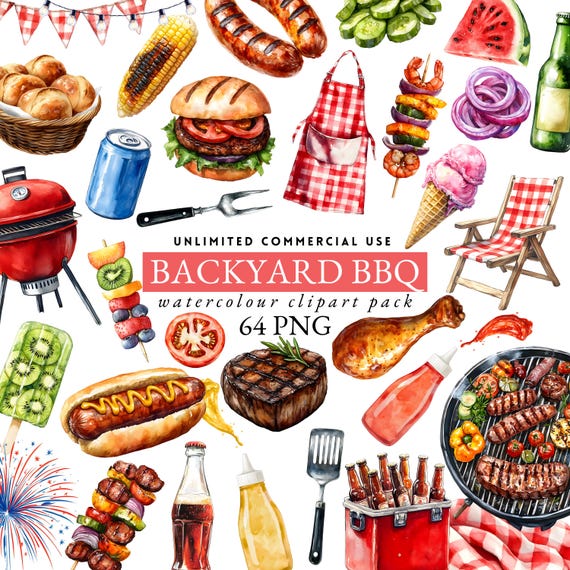 1atercolor bbq clipart, backyard clipart, hotdogs and burgers clipart, game day png, bbq cookout clipart, grill clipart, summer clipart, 037