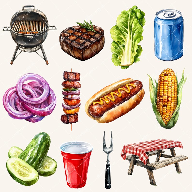 May include: Watercolor illustration of a barbecue scene with a grill, steak, lettuce, soda can, red onion, skewers, hot dog, corn on the cob, pickles, a red cup, a fork, and a picnic table with a red and white checkered tablecloth.