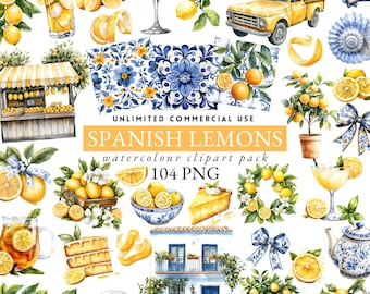 May include: Watercolor clipart pack featuring various illustrations of lemons, including a yellow pickup truck filled with lemons, a lemon stand, and a slice of lemon pie. The text "SPANISH LEMONS" is displayed.