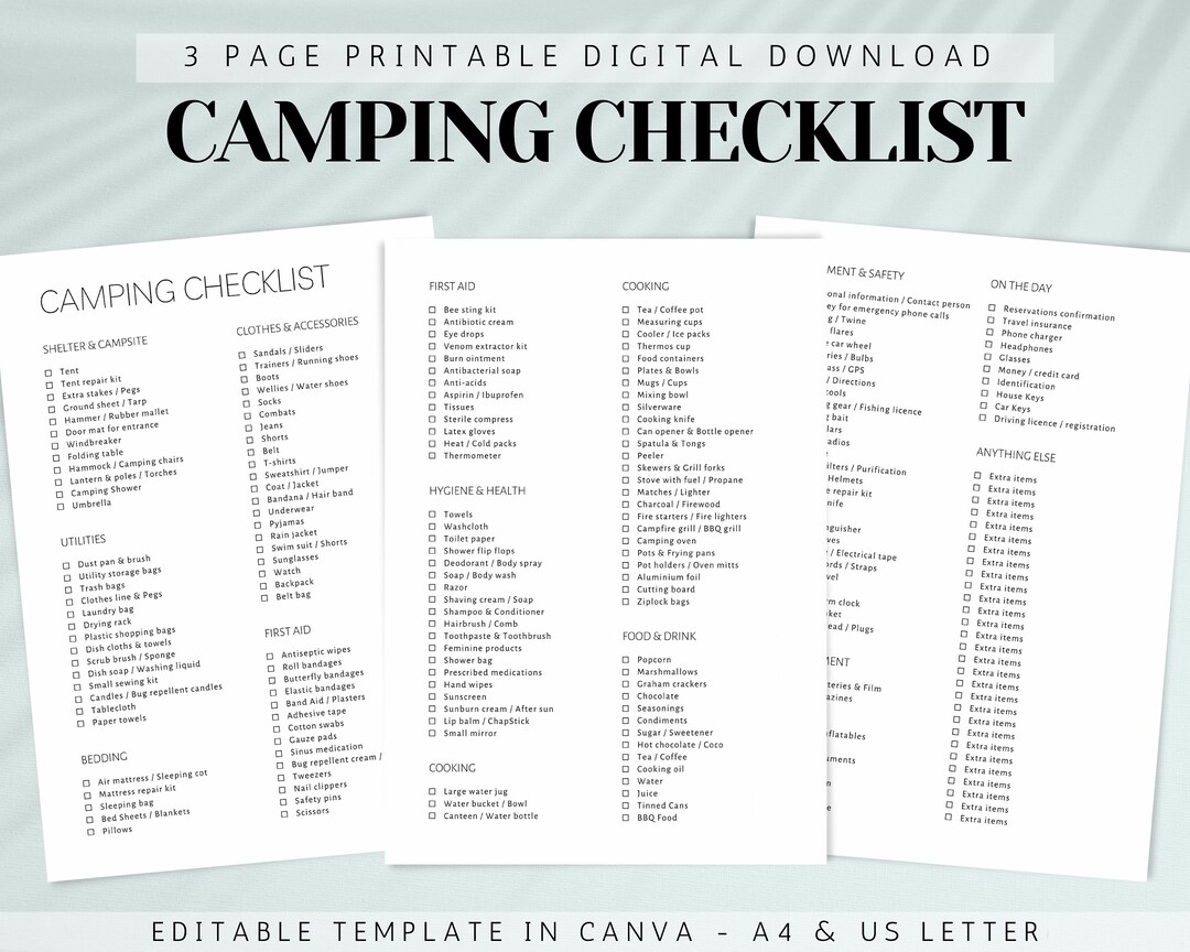 Printable Camping Checklist, Editable Travel Checklist, Camping Trip