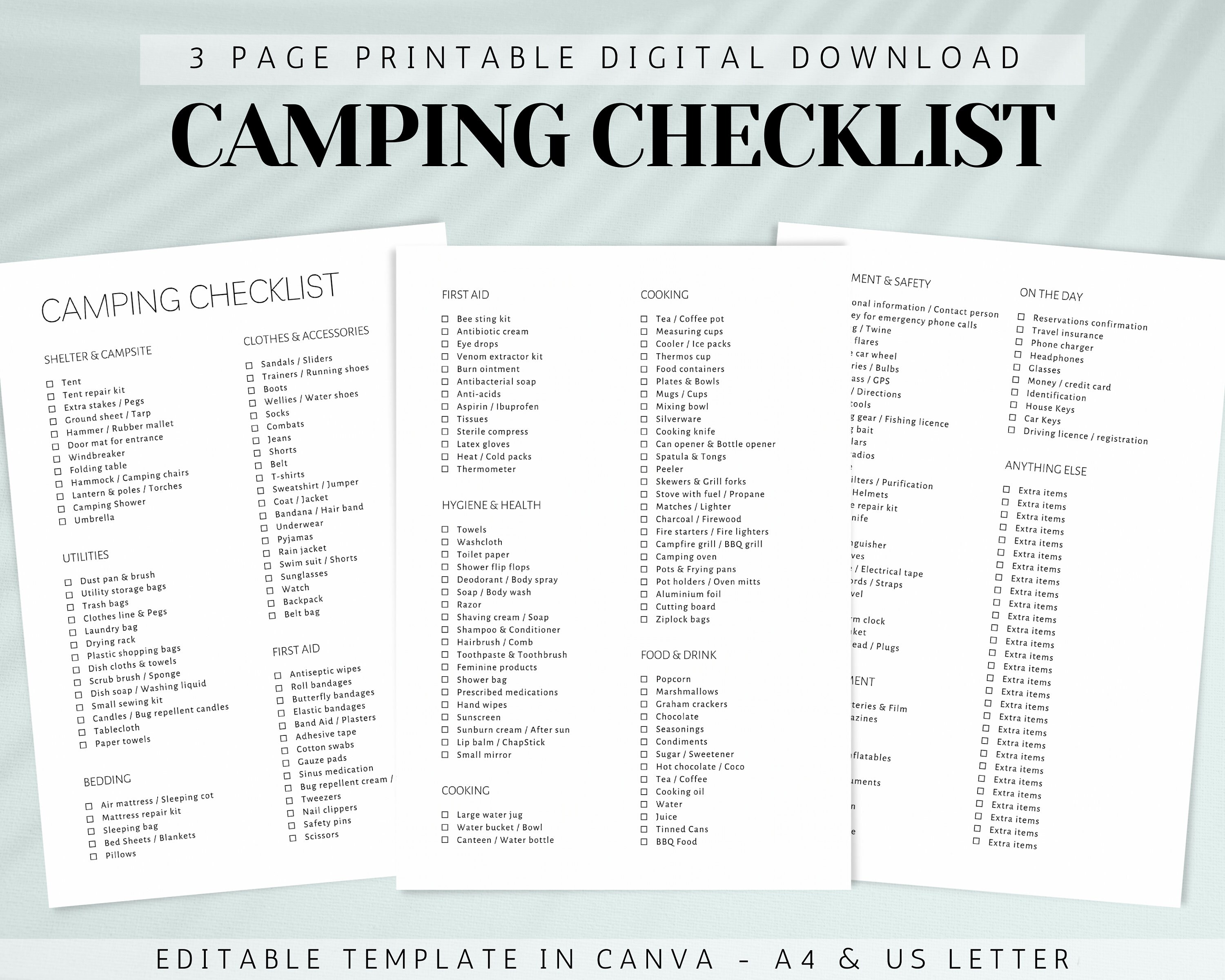 Printable Camping Checklist, Editable Travel Checklist, Camping Trip
