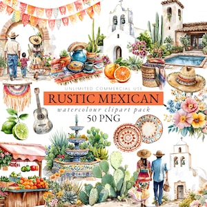 May include: A watercolor clipart pack with a rustic Mexican theme. The pack includes 50 PNG images of various elements, such as a church, a fountain, a cactus, a guitar, a sombrero, a fruit stand, and a couple walking. The images are perfect for creating invitations, cards, and other crafts.