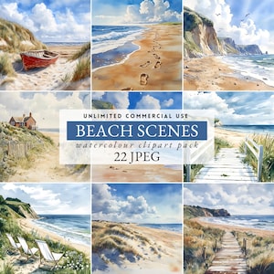May include: Watercolor clipart pack featuring various beach scenes. The images depict sandy beaches, ocean views, and coastal landscapes. The scenes include a red boat, footprints in the sand, and a wooden walkway. The text in the image reads "BEACH SCENES watercolour clipart pack 22 JPEG".