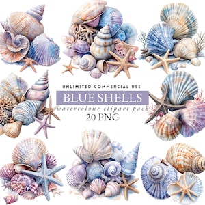 May include: Watercolor clipart pack featuring various seashells in shades of blue, purple, and tan, along with starfish. The image includes text that reads "BLUE SHELLS watercolour clipart pack 20 PNG" and "UNLIMITED COMMERCIAL USE".