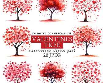 JPEG valentines day heart tree clipart, valentines day card, love heart prints, valentines mug transfer, woodland red trees, 86